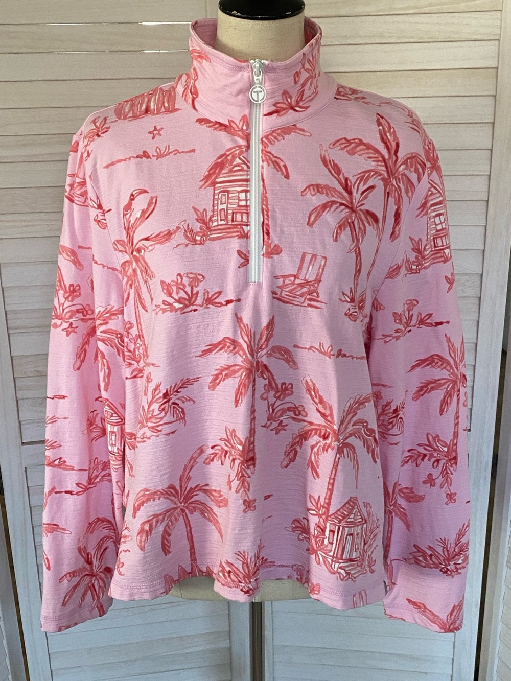 T by Talbots Pink Tropical Palm Print Quarter Zip Long Sleeve Top SZ XL uPF 50+ - Picture 2 of 15